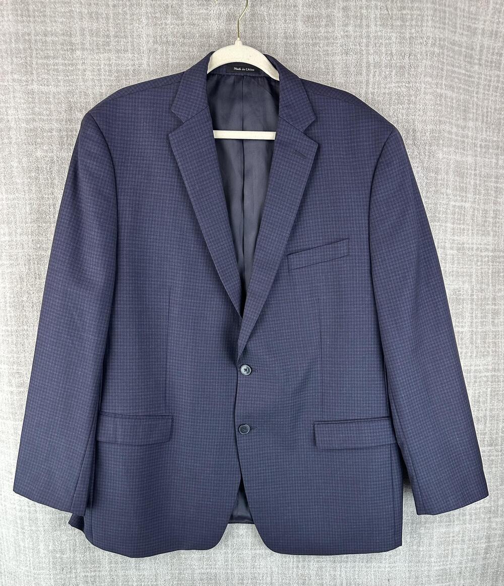Calvin Klein Suit Jacket Mens 46 Blue Check Wool Single-Breasted Notch
